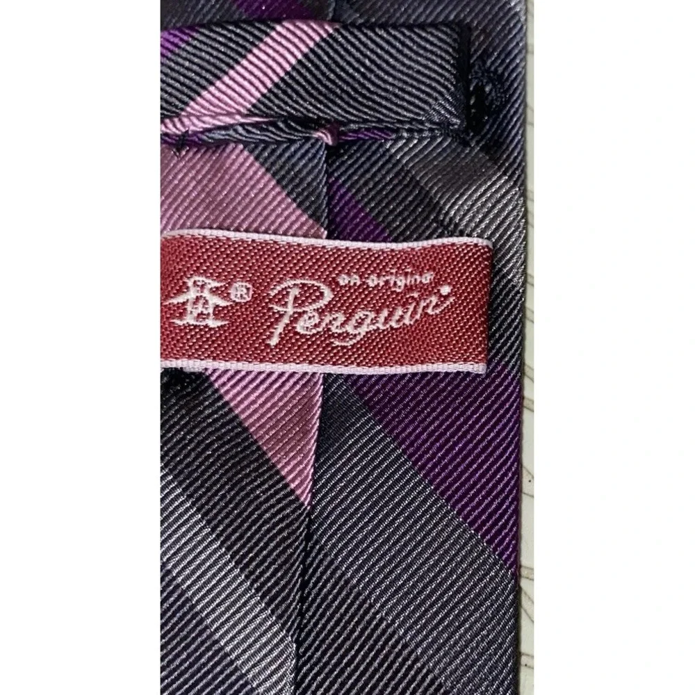 Penguin [ Slim Tie ] Men's 100% Silk‎ Necktie Purple/Pink&Gray 56